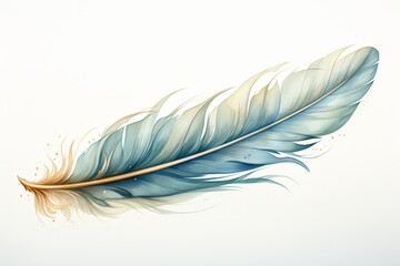 A watercolor feather with blue and green hues.