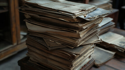 Pile of antique, weathered books stacked on a table, evoking the charm of a bygone era and the love...