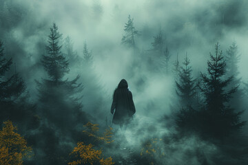 A lone traveler wandering through a misty forest, chasing elusive dreams amidst the whispering trees. Concept of pursuit in nature's embrace. Generative Ai. - obrazy, fototapety, plakaty