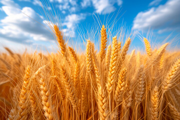 Fototapeta premium Wheat field on the bright sunny day. Wheat is good source of fiber