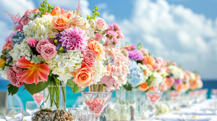 Elegant floral arrangement at a sunny seaside wedding reception.