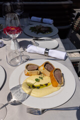 Beef Wellington,  whole beef tenderloin fillet, served on plate with mashed potato - 791378388