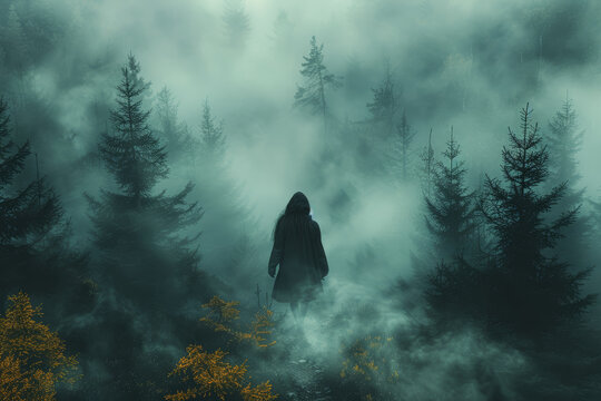 A lone traveler wandering through a misty forest, chasing elusive dreams amidst the whispering trees. Concept of pursuit in nature's embrace. Generative Ai.