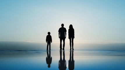 Silhouettes of two adults and a child against a clear sky, reflecting on a shiny surface below them.