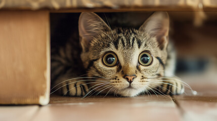 Adorable kitten with striking eyes peeking curiously from under a cardboard box, with a mischievous look.