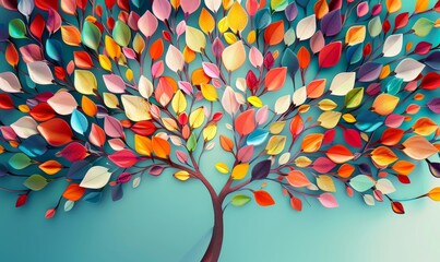 Colorful tree with leaves on hanging branches illustration background. 3d abstraction wallpaper . Floral tree with multicolor leaves, Generative AI