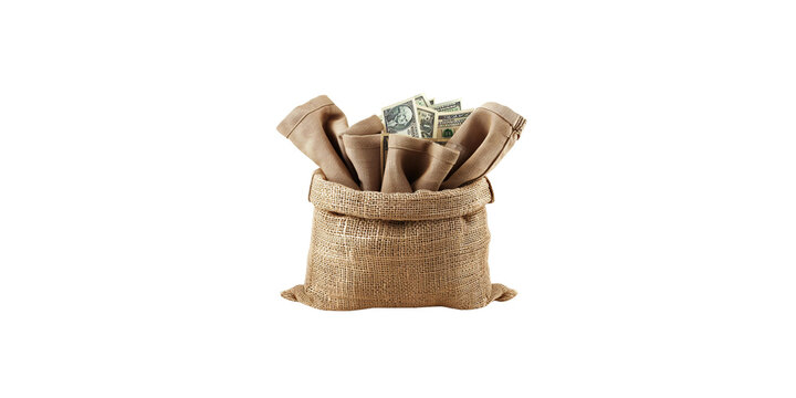 A burlap bag full of dollar bills, isolated on a white background