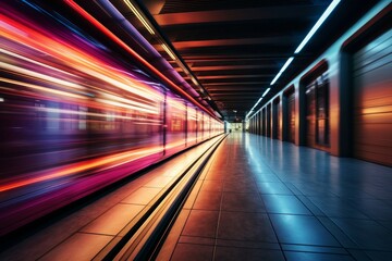 A subway train speeds through a station, casting a colorful blur of light.