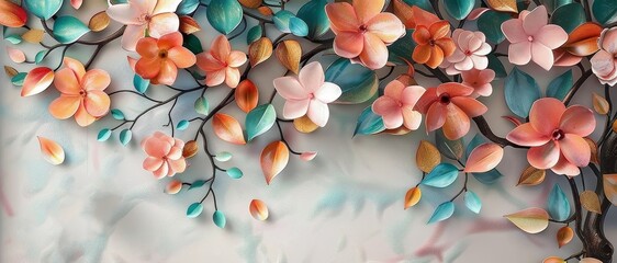 Colorful 3d flowers with leaves on a tree illustration background. 3d abstraction wallpaper for Interior mural painting wall art decor.Tree branches leaves with flowers hanging on wall 3d,GenerativeAI