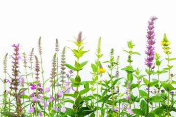 A vibrant selection of various pressed wild meadow flowers isolated on a white background, displaying a range of colors and details.