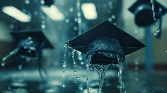 Graduation mortarboards flying mid-air with raindrops cascading off them, capturing a moment of academic celebration.