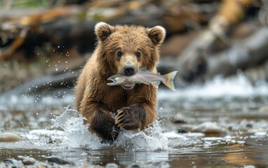 Fototapeta premium Brown bear catching salmon in the river