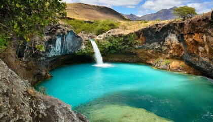 Naklejka na ściany i meble A blue water lagoon and beautiful waterfall in the mountains