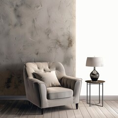 Casual armchair in front of a white wall, Generative AI