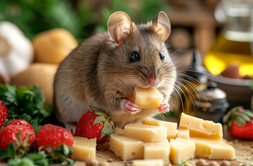 Close-up young rat nibbles cheese and strawberries on the table in the kitchen.