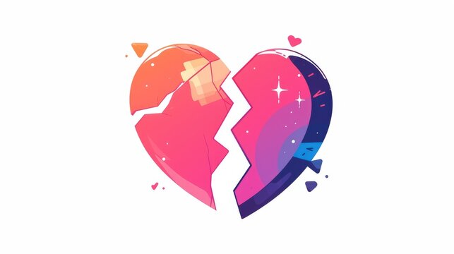 A simple yet eye catching icon of a broken heart patched up featuring a colorful sketch outlined by a dotted border on a clean white background