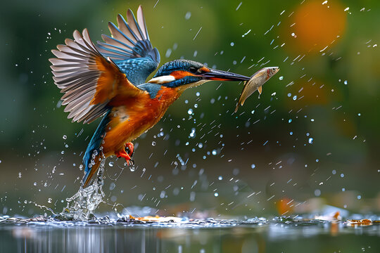 bird in flight,
 Beautiful kingfisher catching fish image