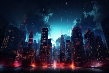 The lit skyline of a bustling city at night, showcasing high buildings and a multitude of glowing lights. Generative AI