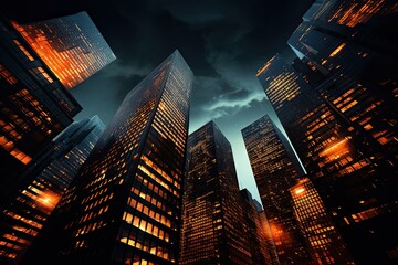 A cluster of towering buildings in a city illuminated at night, creating a striking urban cityscape. Generative AI