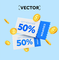 3d couple of promotional coupons with coupon code, golden coins. Special giveway with coupons or vouchers, percentage off. Gift voucher and gold coin dollar sign template. 3d vector illustration