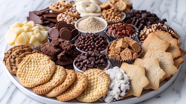 A white platter with a variety of cookies and other snacks