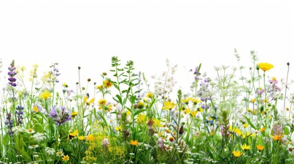 Fototapeta premium A vibrant selection of various pressed wild meadow flowers isolated on a white background, displaying a range of colors and details.