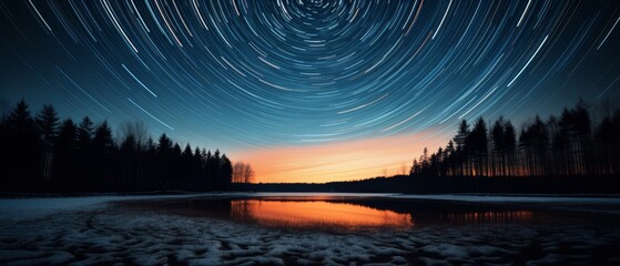 a long exposure photograph of the night sky with a lake in the foreground