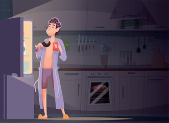 Fridge snacking. Cartoon background people with bad habits gluttony exact vector concept illustration