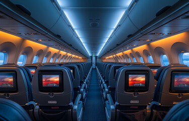 Empty seats in the cabin of the passenger airplane