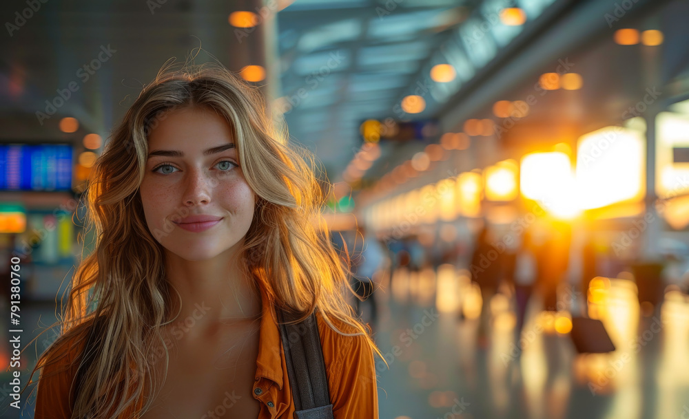 Wall mural Young woman is smiling at the airport terminal with backpack and wristwatch on her hand.