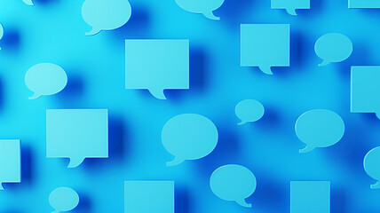 A blue background with many blue speech bubbles. The speech bubbles are all different sizes and shapes. Scene is playful and fun. a blue square with speech bubbles