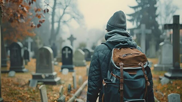 An adult with a backpack stands with their back to the camera in a cemetery during autumn. The concept of solitude and remembrance.