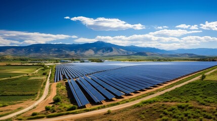 A large solar farm in a valley surrounded by mountains
