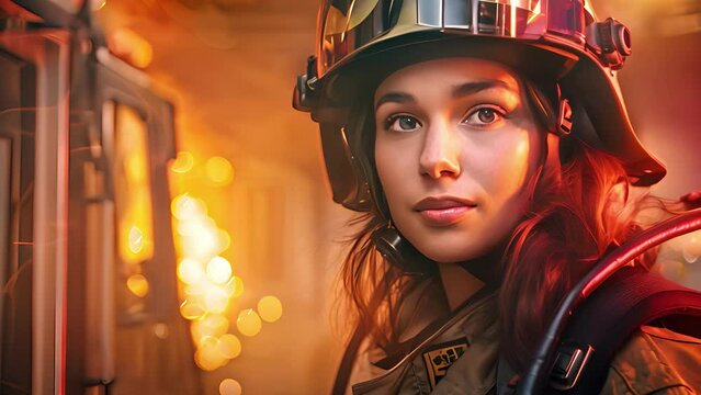 Young Caucasian female firefighter with helmet against fire backdrop. 