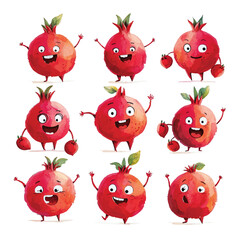 illustration of a collection of cute pomegranate characters with various expressions and colored with watercolors