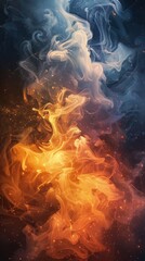A colorful smokey image with orange and blue flames