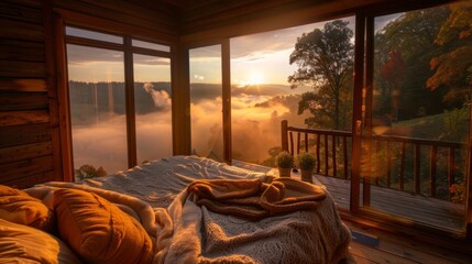 Snuggling up in a cozy cabin with a sweeping view of the valley blanketed in a blanket of fog in the early morning. 2d flat cartoon. - obrazy, fototapety, plakaty