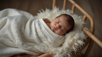 Newborn baby sleeping in a baby nest, covered with white muslin blanket. Genrative.ai 
 - obrazy, fototapety, plakaty
