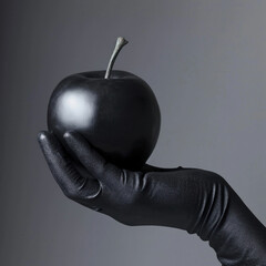 Black gloves wearing person holding a sinister black apple on a neutral gray background