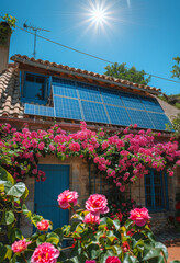 House with solar panels on the roof and beautiful flowers