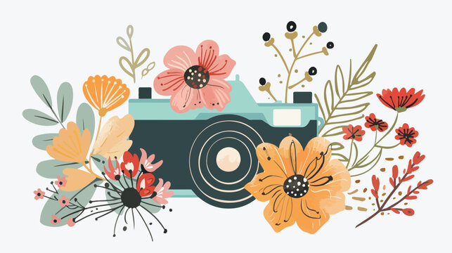 Hand drawn cute floral camera with dry flowers icon f