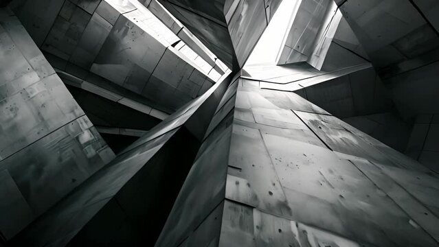 Concrete walls of a modern building creating abstract angles and shapes. Play of light and shadow in architecture, concept of modern design.