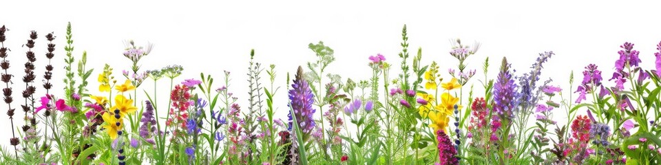 Fototapeta premium A vibrant selection of various pressed wild meadow flowers isolated on a white background, displaying a range of colors and details.
