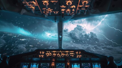 Dramatic shot of an airplane flying through a stormy sky, with airline schedules visible on digital screens in the cockpit, Job ID: db120025-faa7-4961-8d5e-c252cc2e0359 world of travel and adventure - obrazy, fototapety, plakaty