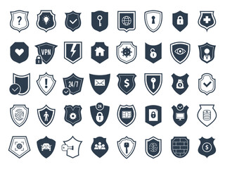Security symbols. Keys with shield icons for protection systems recent vector security stylized logos