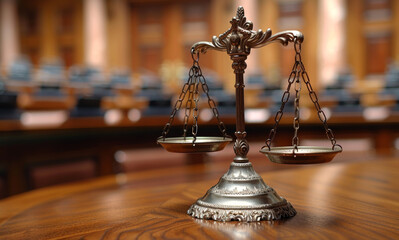Symbol of law and justice in the empty courtroom law and Justice concept focus on the scales