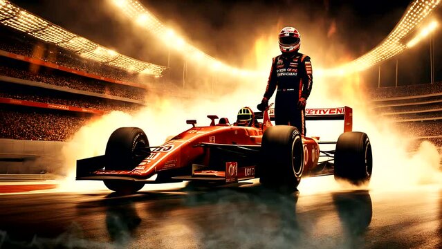Formula car with racer on the stadium