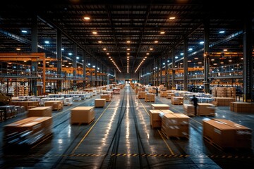 a busy warehouse with workers, highspeed motion blur of workers in warehouse