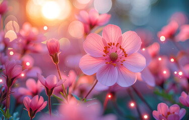 Pink flowers blooming in the garden natural spring background