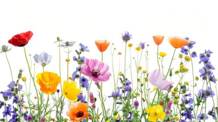 Naklejka premium A vibrant selection of various pressed wild meadow flowers isolated on a white background, displaying a range of colors and details.